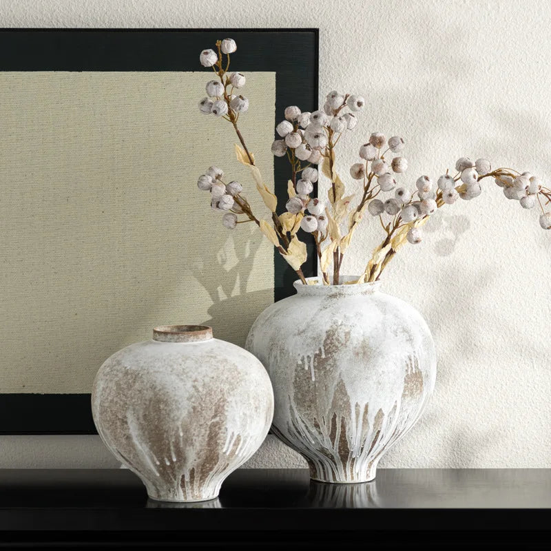 vase céramique rustique blanc gris texture marbrée fleurs séchées vintage bohème table decoration unique
