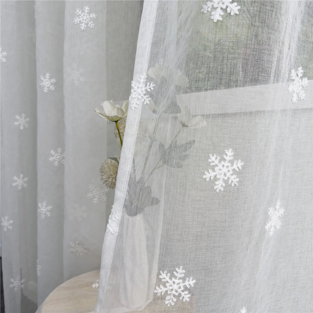 rideau blanc brodé flocons neige transparent moderne maison chambre salon