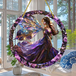 cadre circulaire boho violet noir doré fleurs papillons étoiles opalescent elfes suspension 20cm