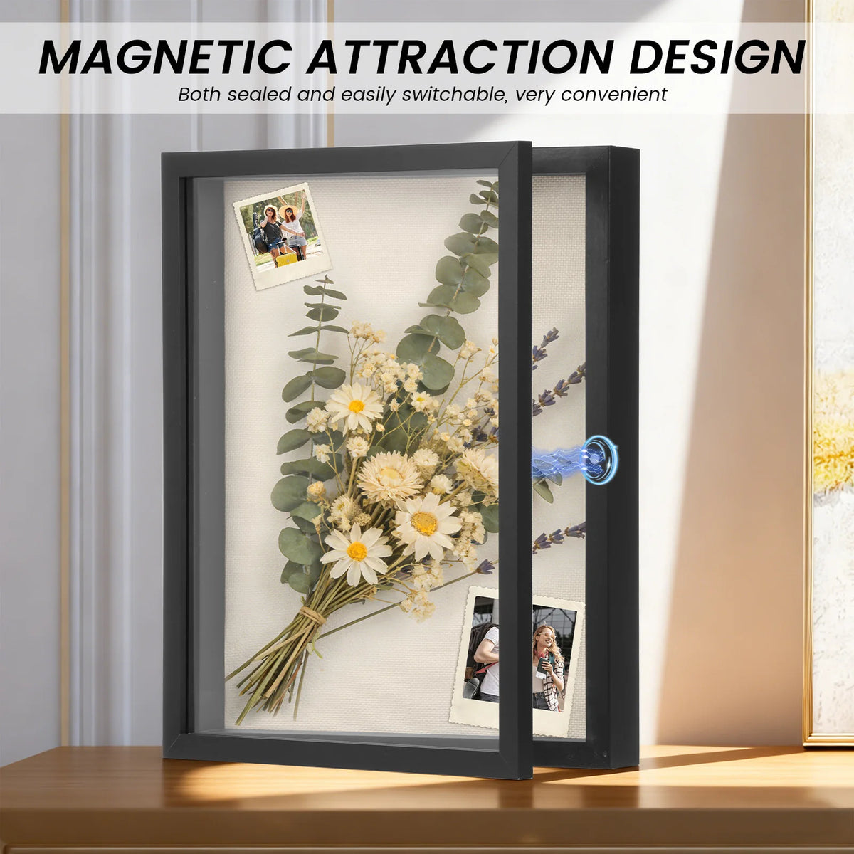 cadre photo bois moderne noir fleurs séchées verre transparentintérieur texturé pinces métalliques 10 punaises