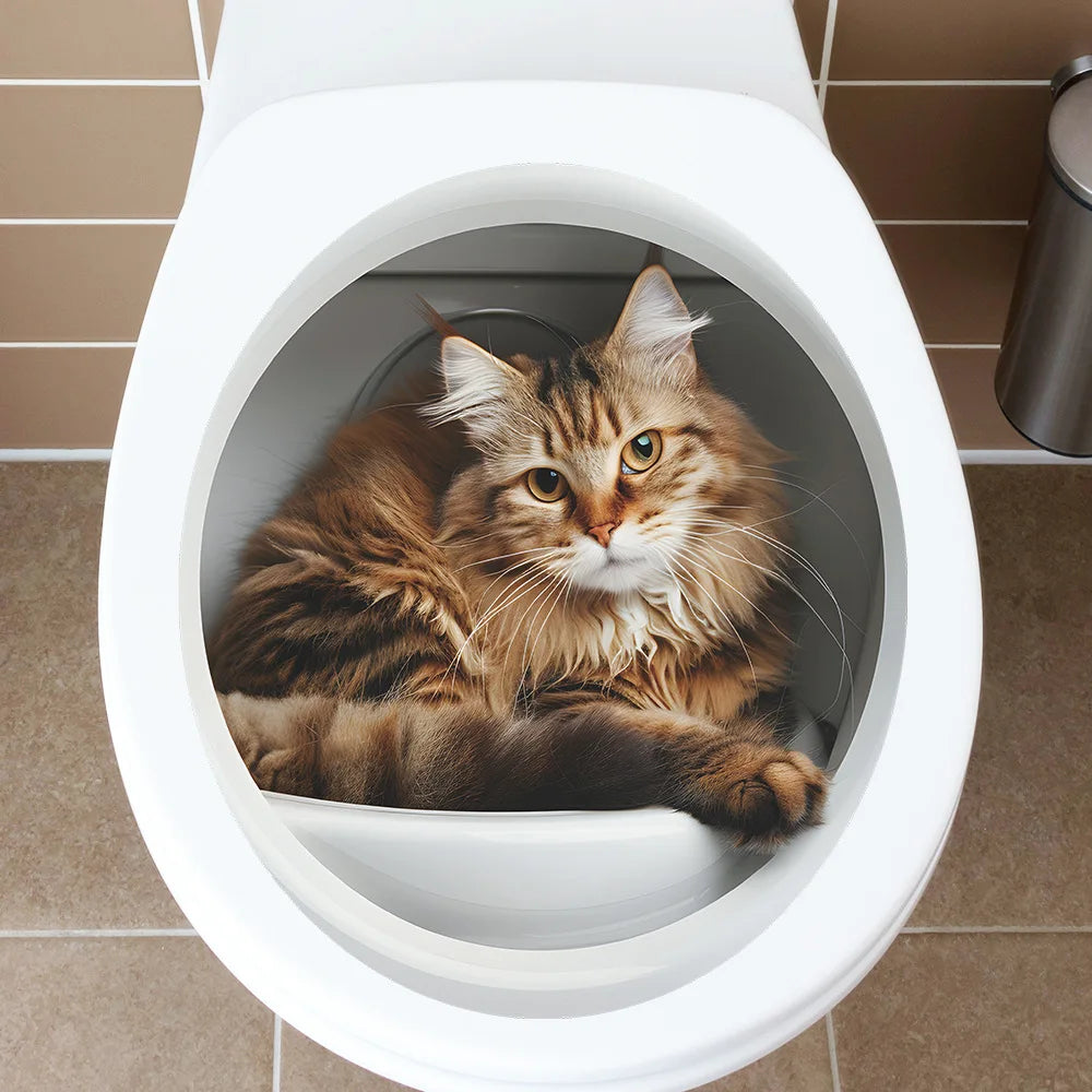 cache wc adhésif moderne chat tigré blanc salle bain décoration toilette animal compagnie pvc