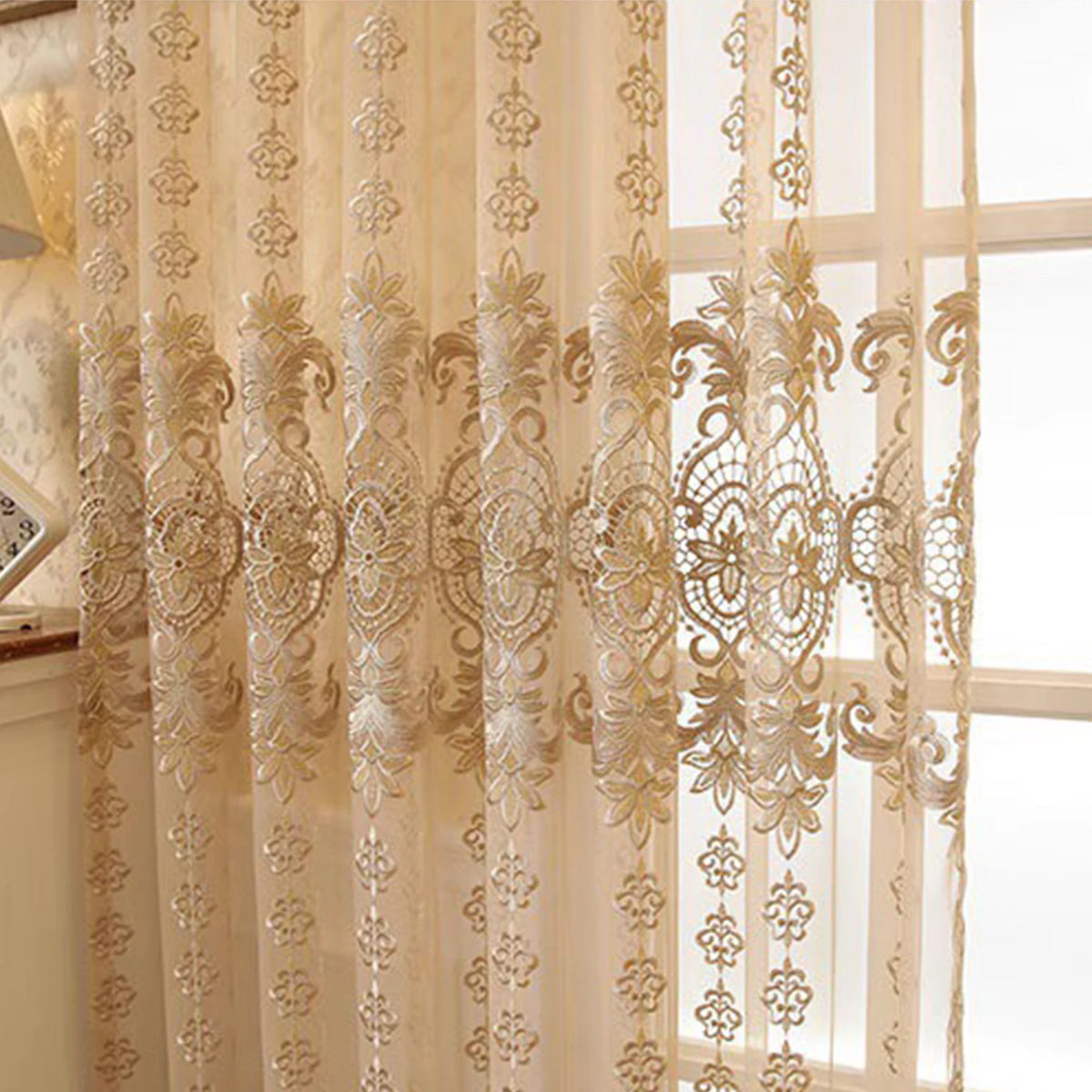 rideau brodé floral beige clair semi transparent classique polyesterextérieur chambre salon