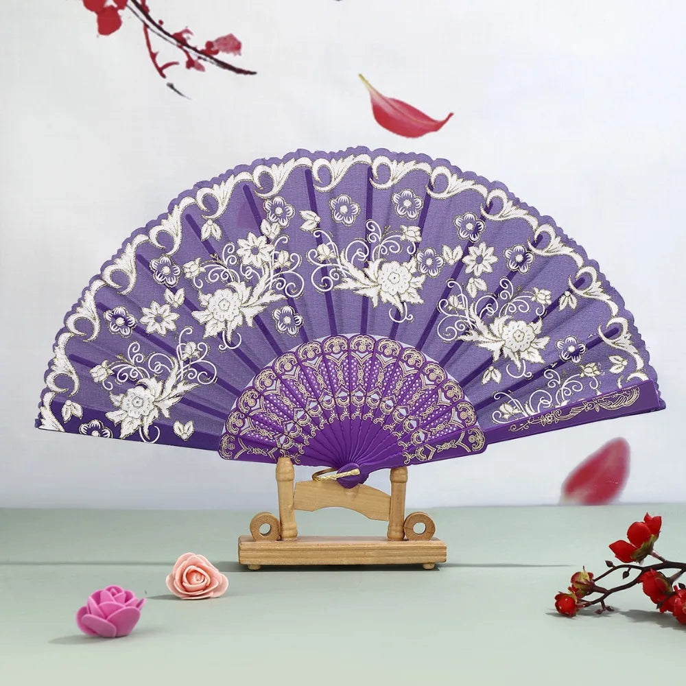éventail pliant traditionnel violet blanc fleurs brodées clips métalliques pompon élégant décoration danse hand