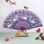 éventail pliant traditionnel violet blanc fleurs brodées clips métalliques pompon élégant décoration danse hand
