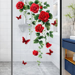 sticker mural floral roses feuilles papillons rouge vert blanc adhésif décoration intérieure chambre salon
