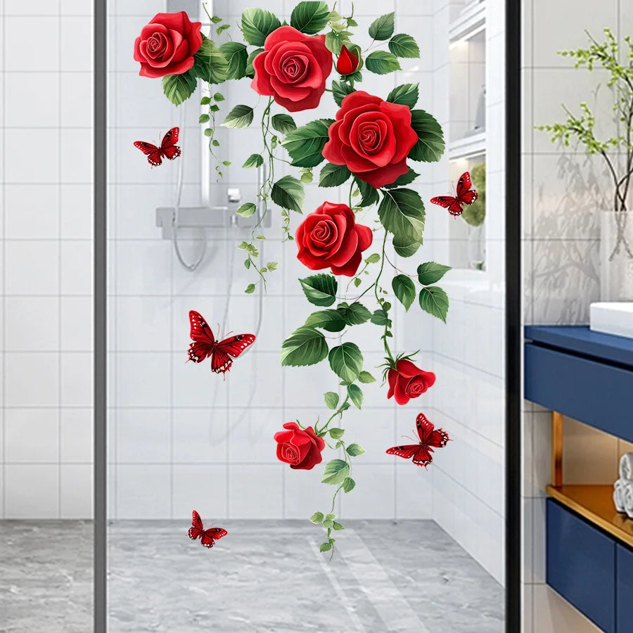 sticker mural floral roses feuilles papillons rouge vert blanc adhésif décoration intérieure chambre salon
