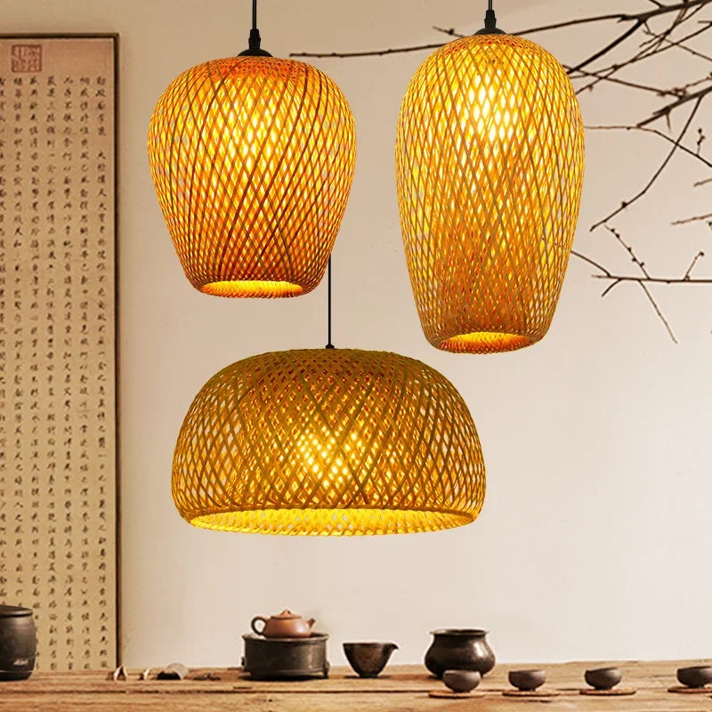 suspension lumineuse moderne bambou tissage beige doré fixe passe câble noir
