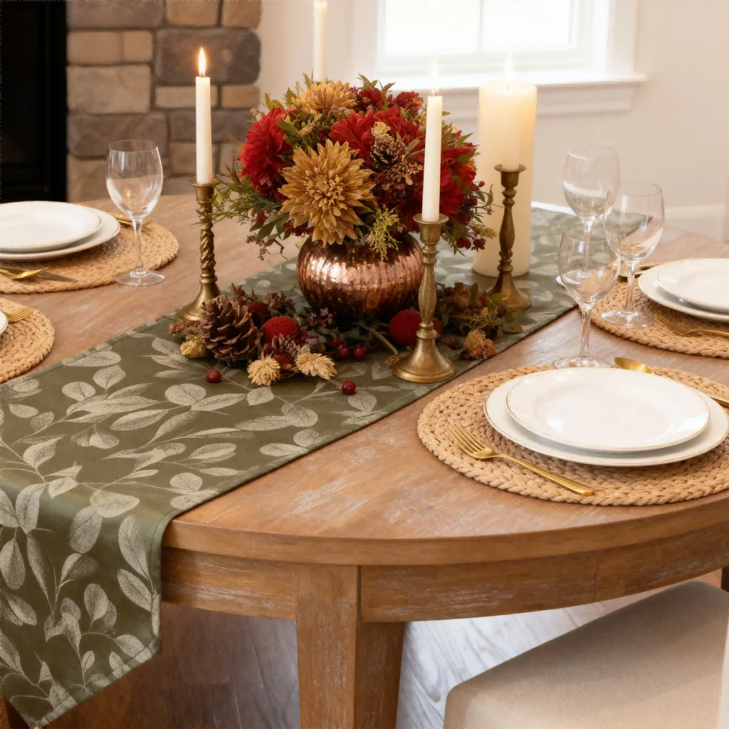tableau chemin table vert olive feuilles blanches satiné tassels cuisine automne hiver printemps été