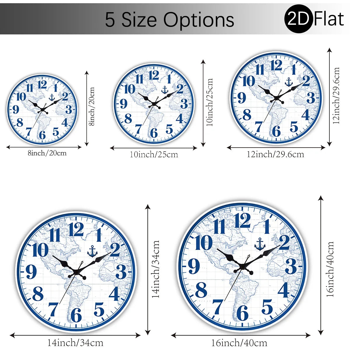 horloge murale carte monde marin décoration intérieure aiguille bleu blanc gris foncé