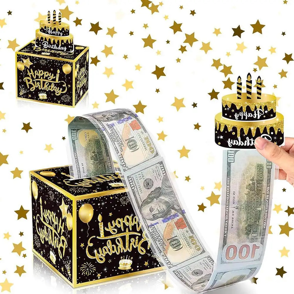 boîte cadeau anniversaire noir étoiles dorées happy birthday billets banque festive 30 sachets transparents