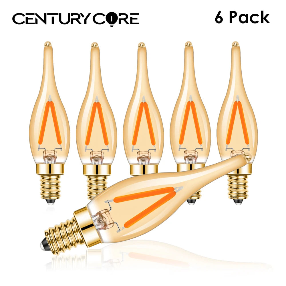 ampoules led vintage or filaments forme flamme transparentes e12 e14 2w blanc chaud 25000h