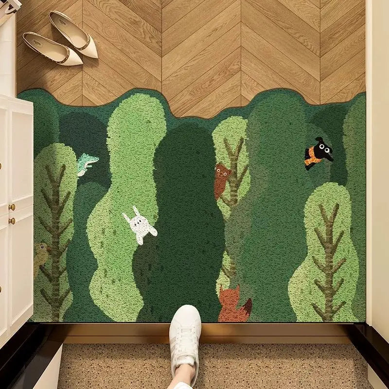 tapis entrée forest animaux paysage vert blanc fleurs naturelle illustration