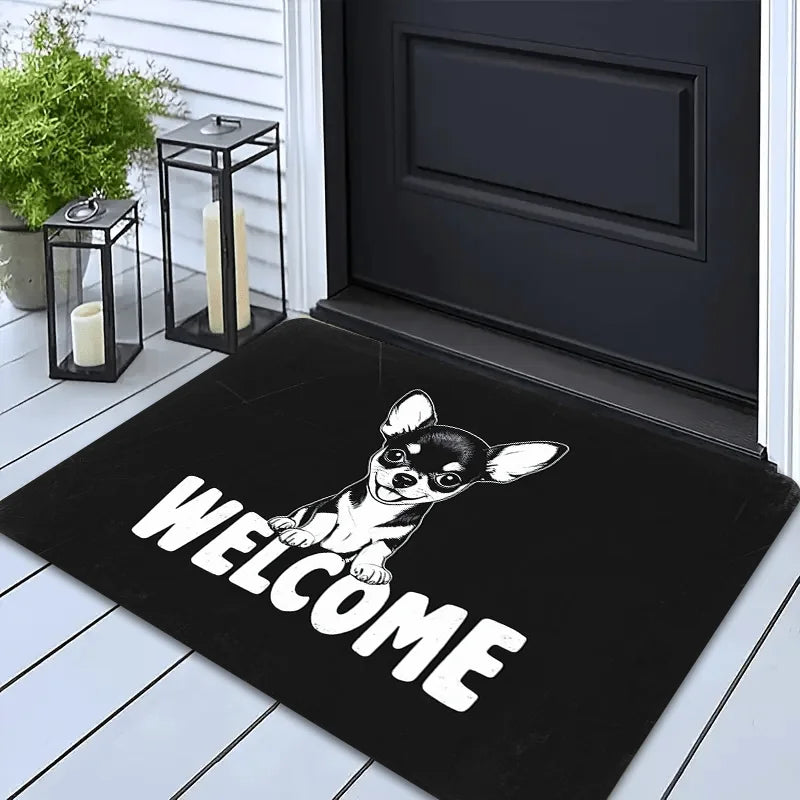 tapis d'entrée chihuahua noir welcome moderne résistant décoloration antidérapant polyester mousse mémoire forme