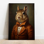 Une peinture représentant un écureuil vêtu d'un manteau marron, portant une cravate et un air espiègle.