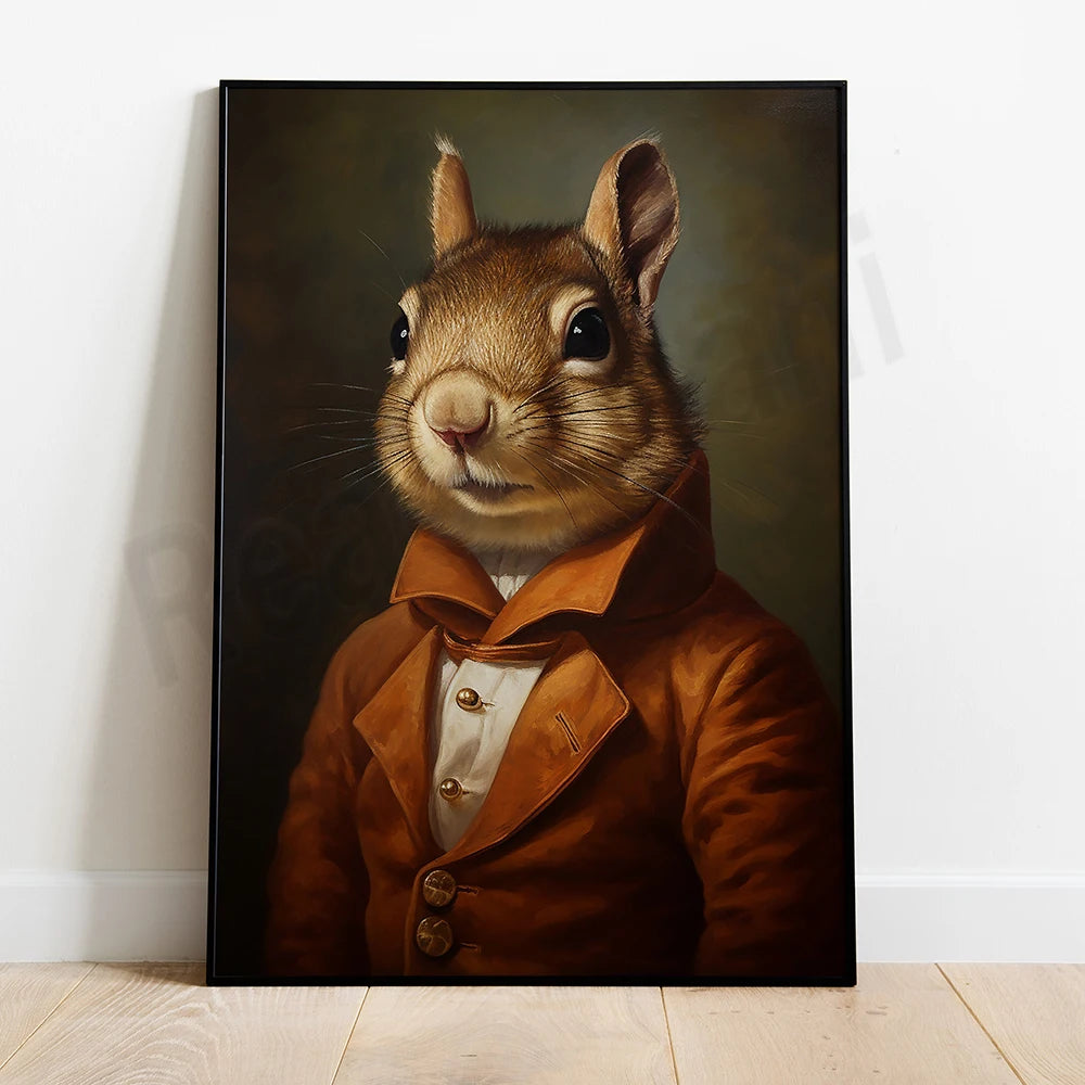 Une peinture représentant un écureuil vêtu d'un manteau marron, portant une cravate et un air espiègle.