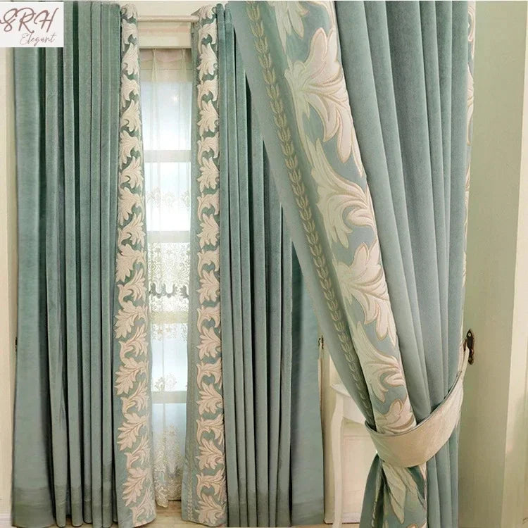 rideau velours vert clair broderie florale élégant classique moderne fenêtre salon maison luxe