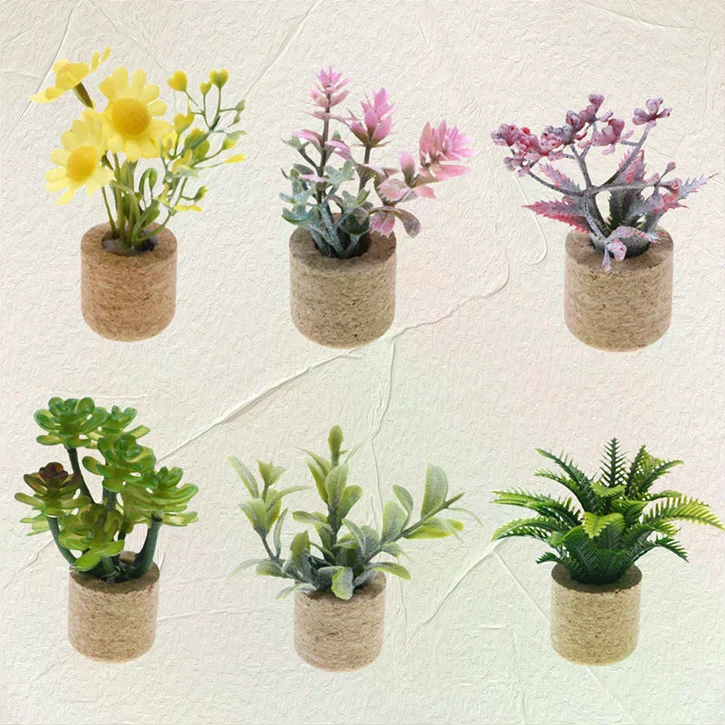 plantes artificielles miniature vert jaune rose bleu feuilles fleurs pot liège