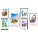 Cette image propose une série d'affiches de style aquarelle représentant des paysages urbains emblématiques de différentes destinations, telles que Beijing, Islamabad, Jakarta et Bangkok.