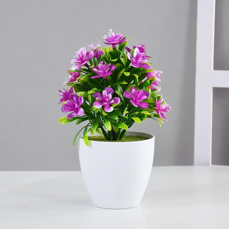 plantes artificielles bonsaï violettes rouges jaunes blanches pot blanc mousse verte décoration moderne extérieur