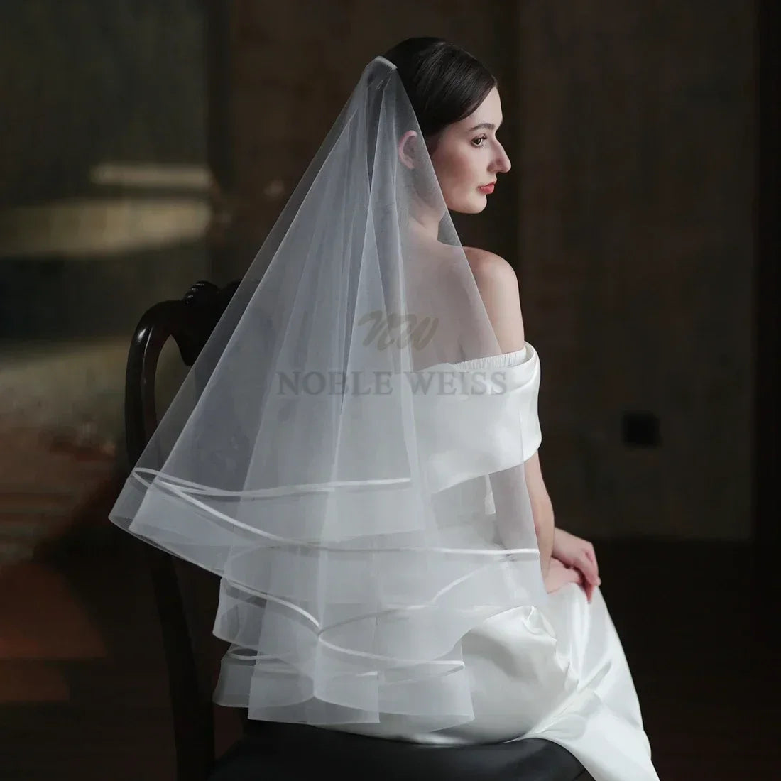 voile mariée deux couches polyester blanc translucide classique élégant rubans décoratifs filet élastique personnalisable