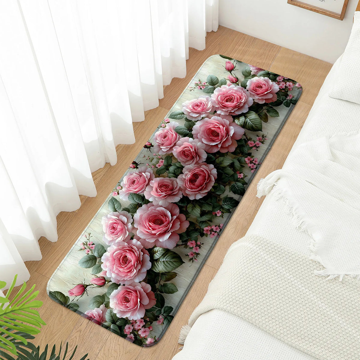 tapis sol rose floral antidérapant polyester décoration maison printemps été cuisine salle bain porteintérieur