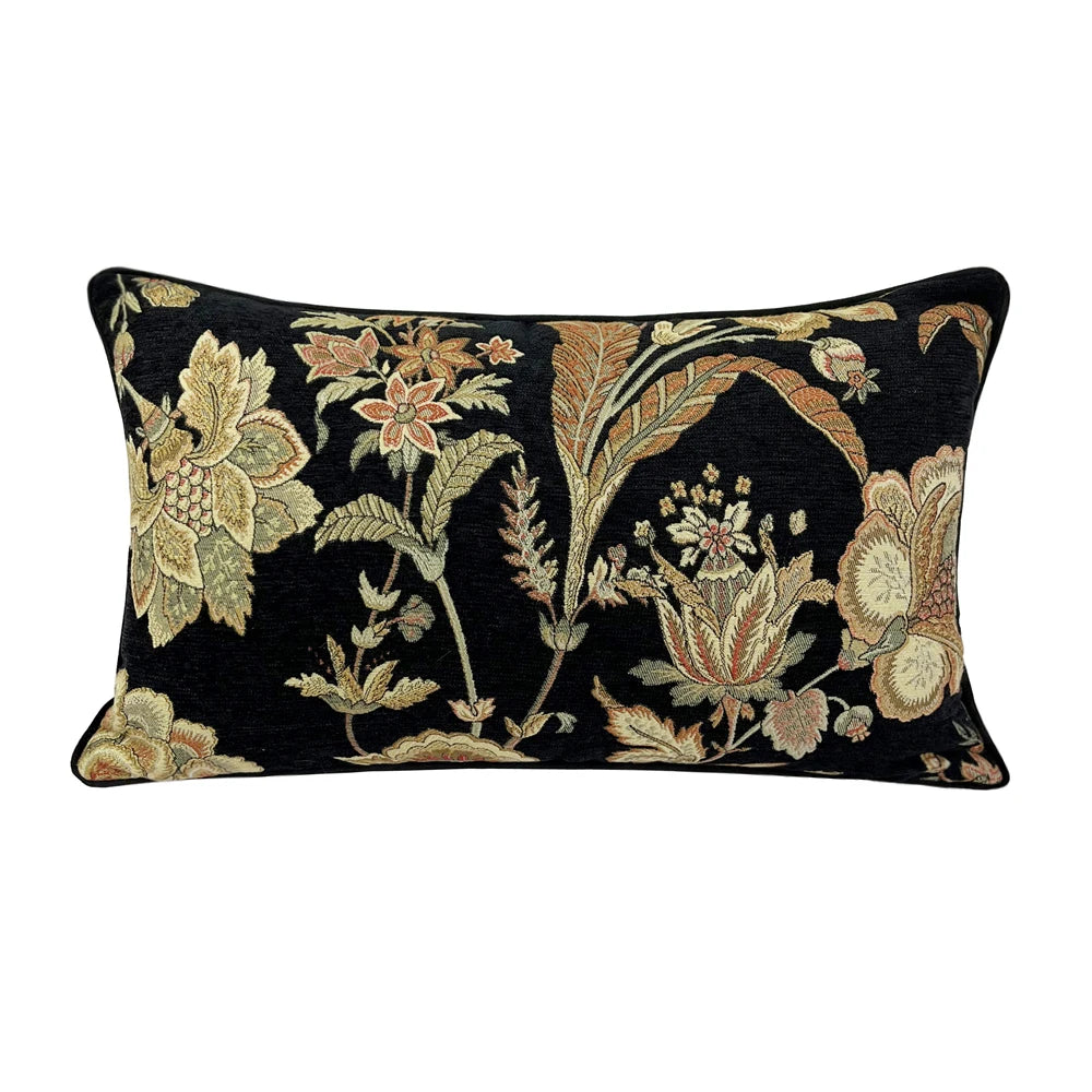 coussin noir floral vintage jacquard chenille lit salon décoration adhésif fermeture glissière 30x50cm