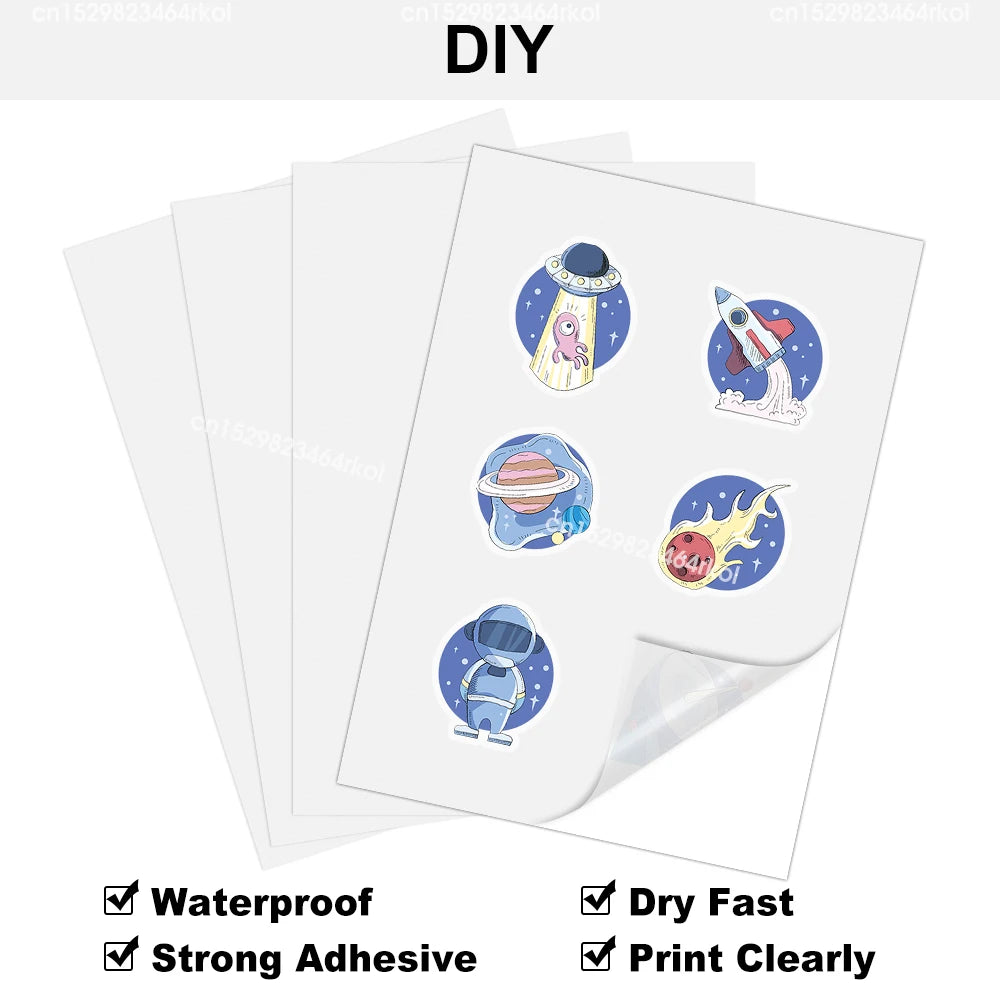 sticker adhésif transparent imprimable illustratif cartoon animaux planètes astronautes vinyle A4 210x297mm