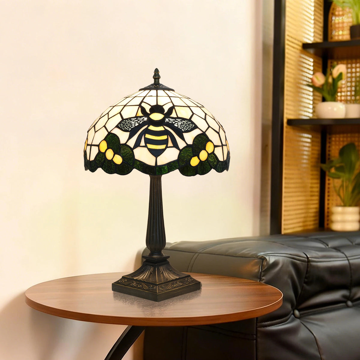 lampe table tiffany abeille art nouveau couleurs multiples verre teinté interrupteur basique moderne