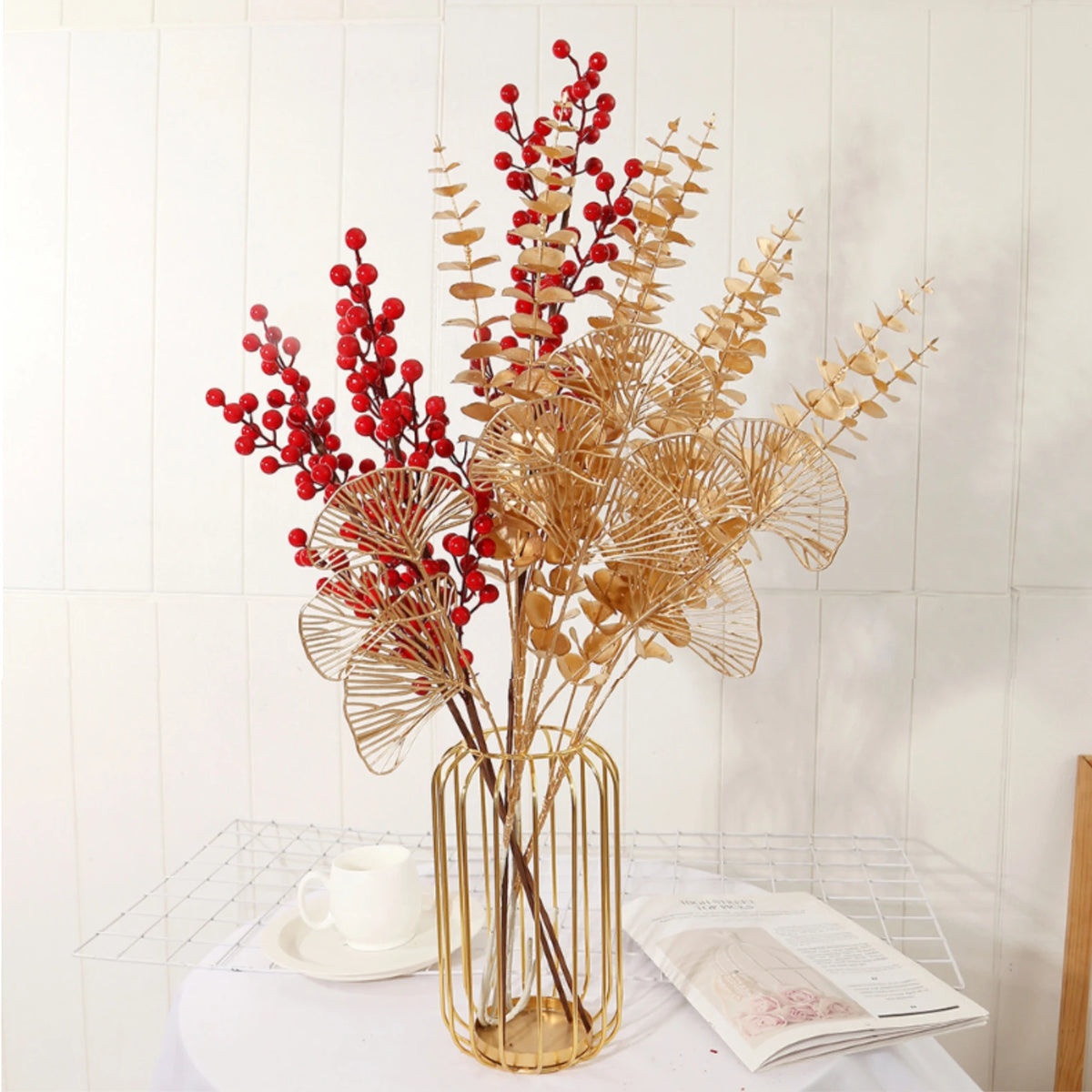 bouquet artificiel moderne feuilles coeurs or rouge décoration élégante intérieur extérieur noël mariage