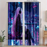 rideaux anime futuriste deux panneaux impression graphique jeunes femme ville neon chambre moderne polyester