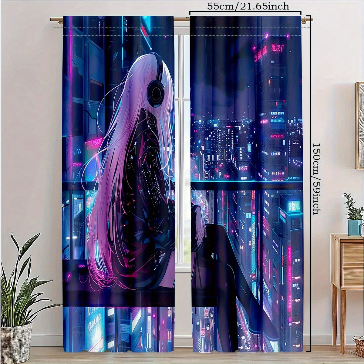 rideaux anime futuriste deux panneaux impression graphique jeunes femme ville neon chambre moderne polyester