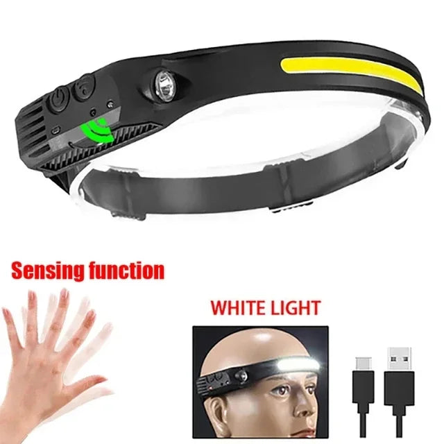 lampe frontale rechargeable led noir jaune usb camping pêche randonnée ceinture ajustable modérne pratique