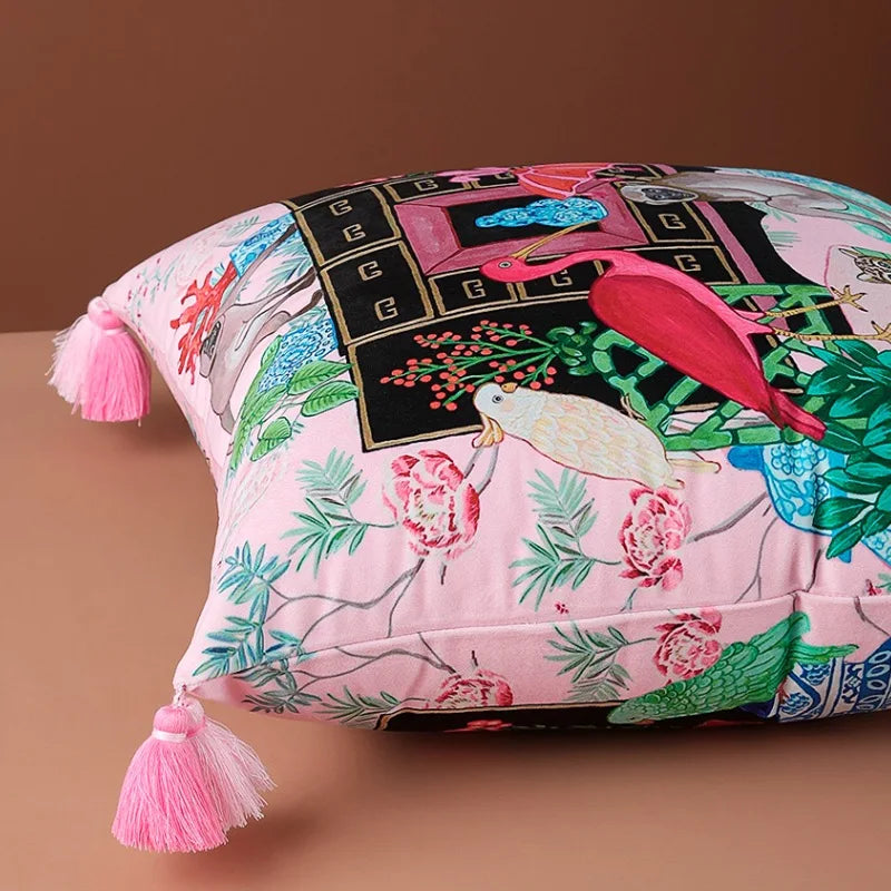 coussin boho chic imprimé flamants roses oiseaux plantes pompons rose vert bleu noir
