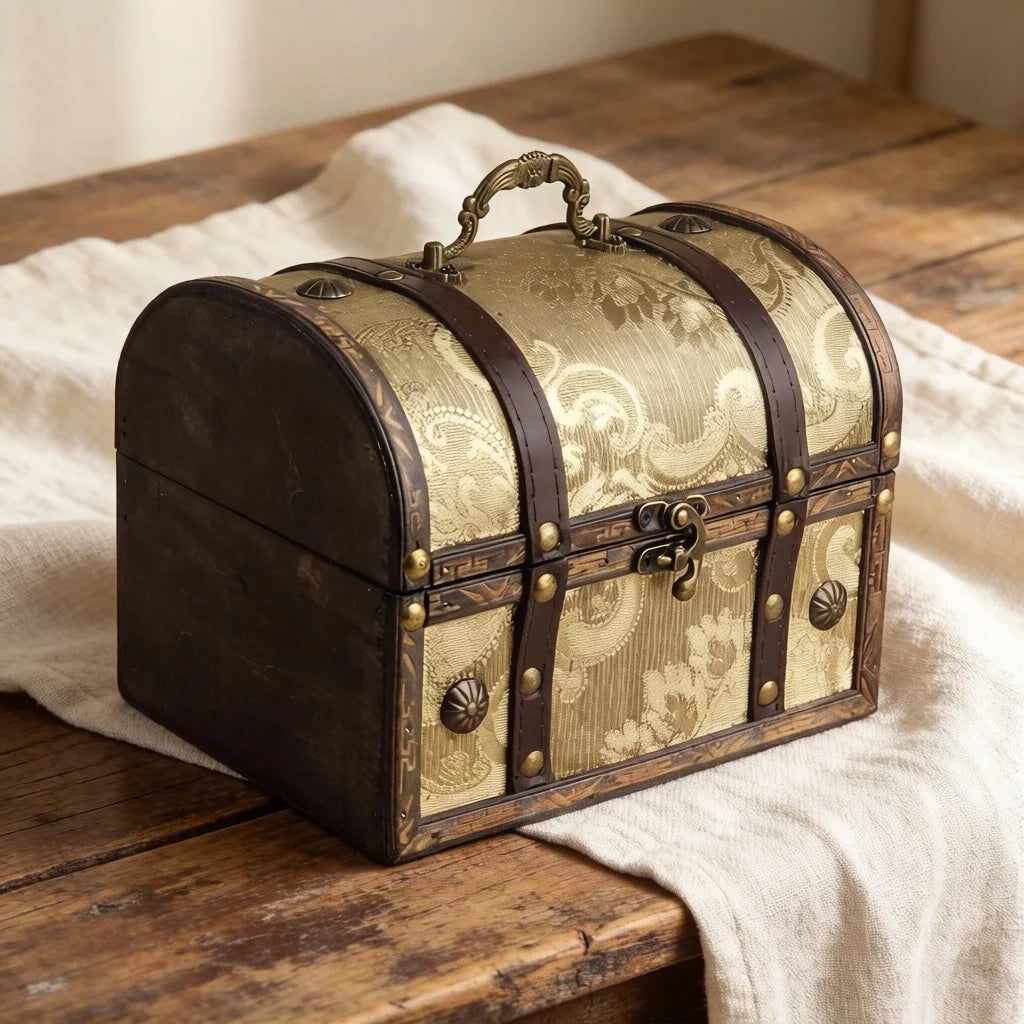 coffre bijoux vintage bois ornements floraux poignée métallique cadenas réutilisable marron beige