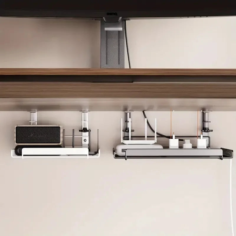 support stockage sous meuble étagère moderne acier noir blanc maille métal clips rangement câbles