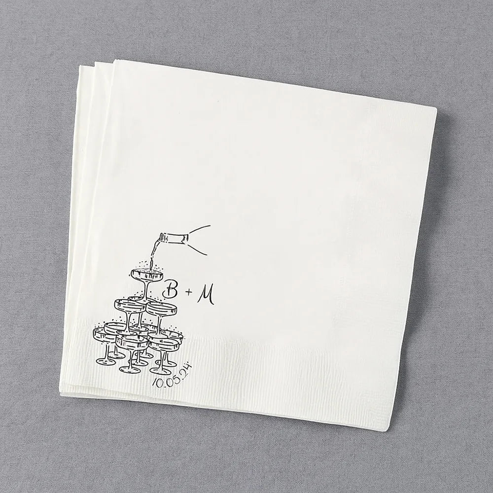 serviette papier blanche mariage dessin bouteille vin champagne monogramme personnalisée fête anniversaire réception élégante
