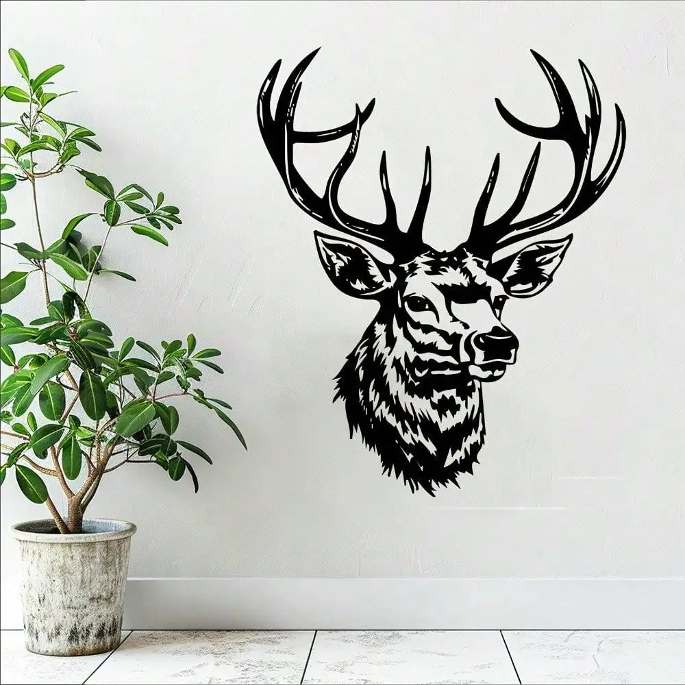 décoration murale tête cerf métal noir blanc gravure rustique nature chambre salon jardin