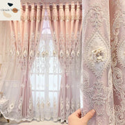 rideau double couche brodé floral rose gris élégant semi transparent voilage bleuclair