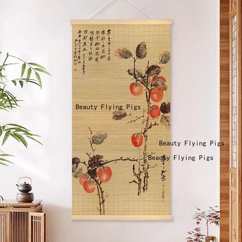 rideau bambou peinture chinoise oiseaux fleurs paysages beige clair opacité moderne art traditionnel chinois