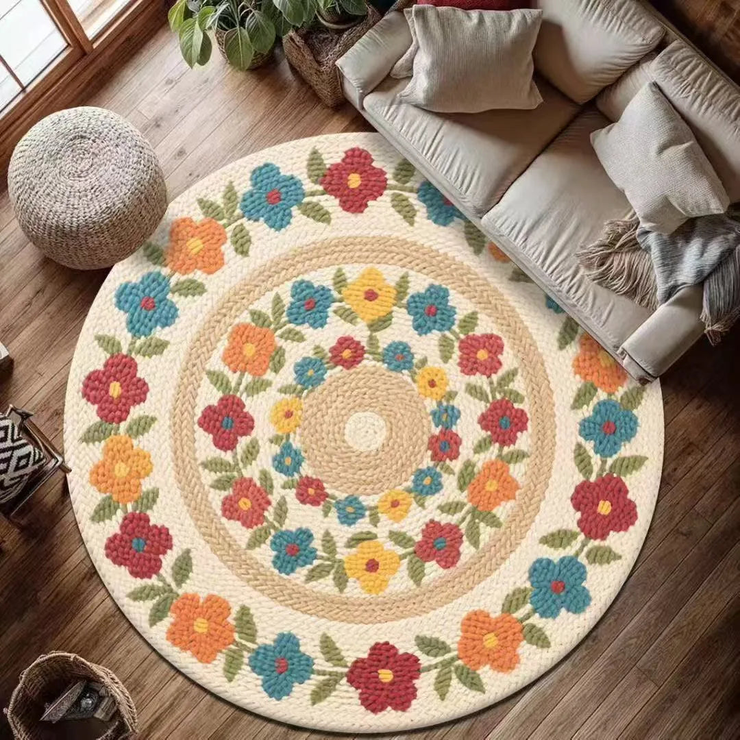 tapis rond mandala bohème ethnique multicolore géométrique décoratif salon chambre maison intérieur moderne