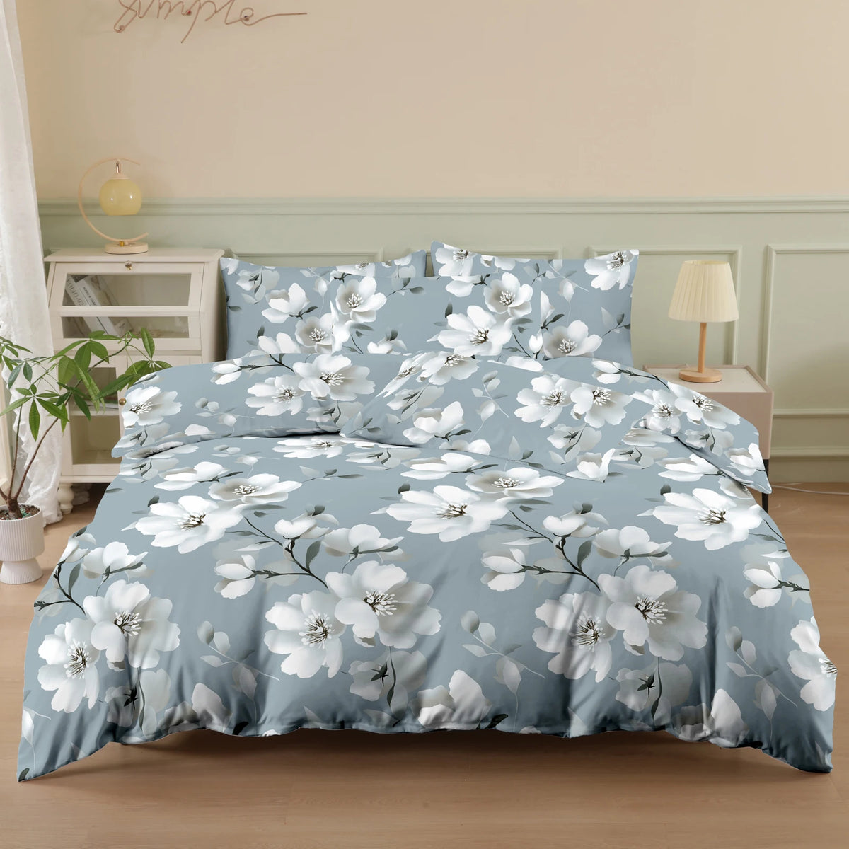 housse couette polyester floral pièces bleu gris blanc moderne chambre coucher lit