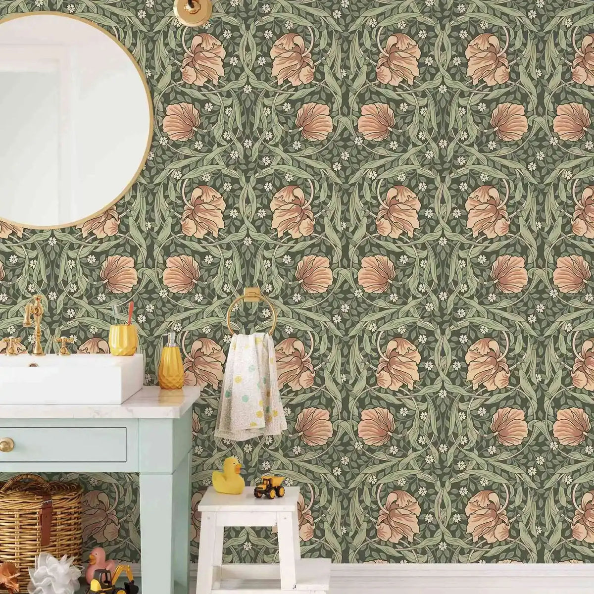papier peint fleurs feuilles art nouveau vert beige auto adhésif résistant humidité