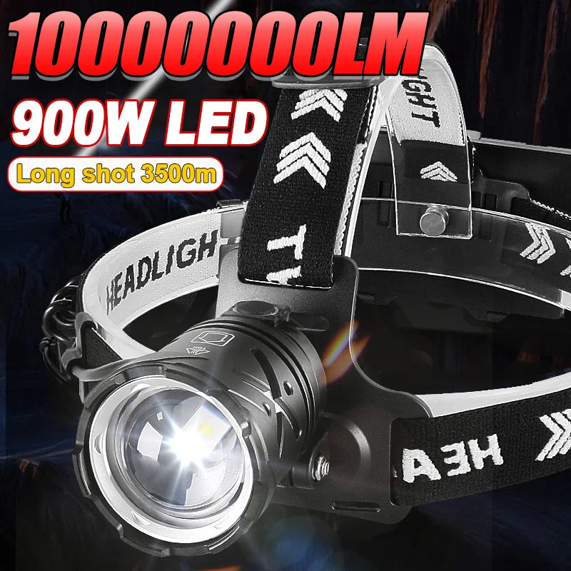 lampe frontale noire rayures blanches logo headlight batterie rechargeable mode camping pêche chasse USB