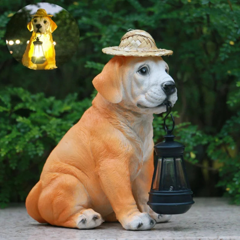 statue solaire chien lanterne chapeau paille décoration extérieure nuit réelle texture rustique charmante led