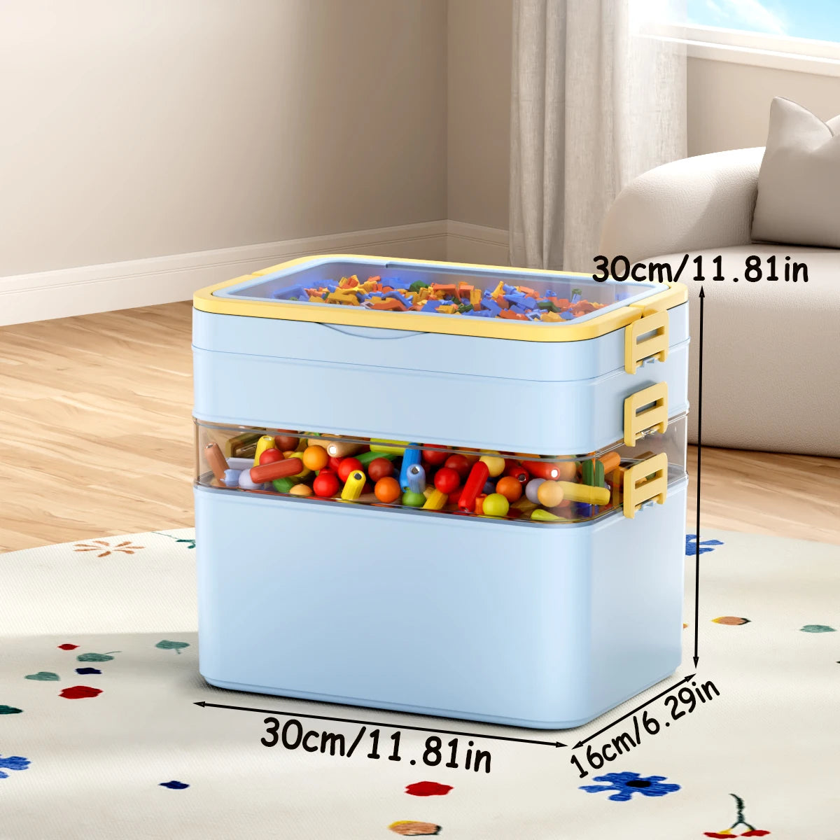 boîtes rangement transparentes empilables jouets colorés moderne poignées vert rose jaune