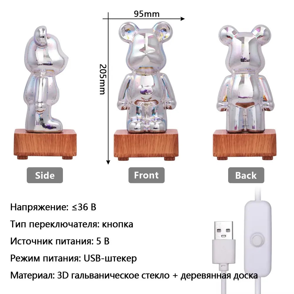 lampe led ours transparent holographique minimaliste base bois câble usb interrupteur multicolore contemporain chambre