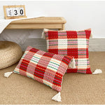 housses coussins carrées jacquard géométriques coton linge adhésives boho chic rouges blanches vertes maison