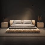 lit moderne minimaliste bois beige gris velours tissu uni chambre double king sizeSuspension