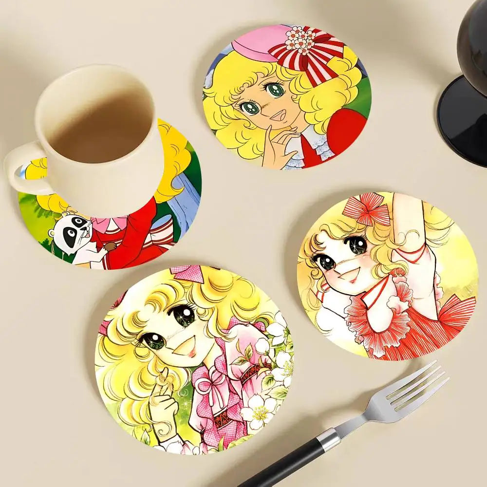 sous verres ronds fibre bambou multicolores illustration fille accessoires colorés dessin animé