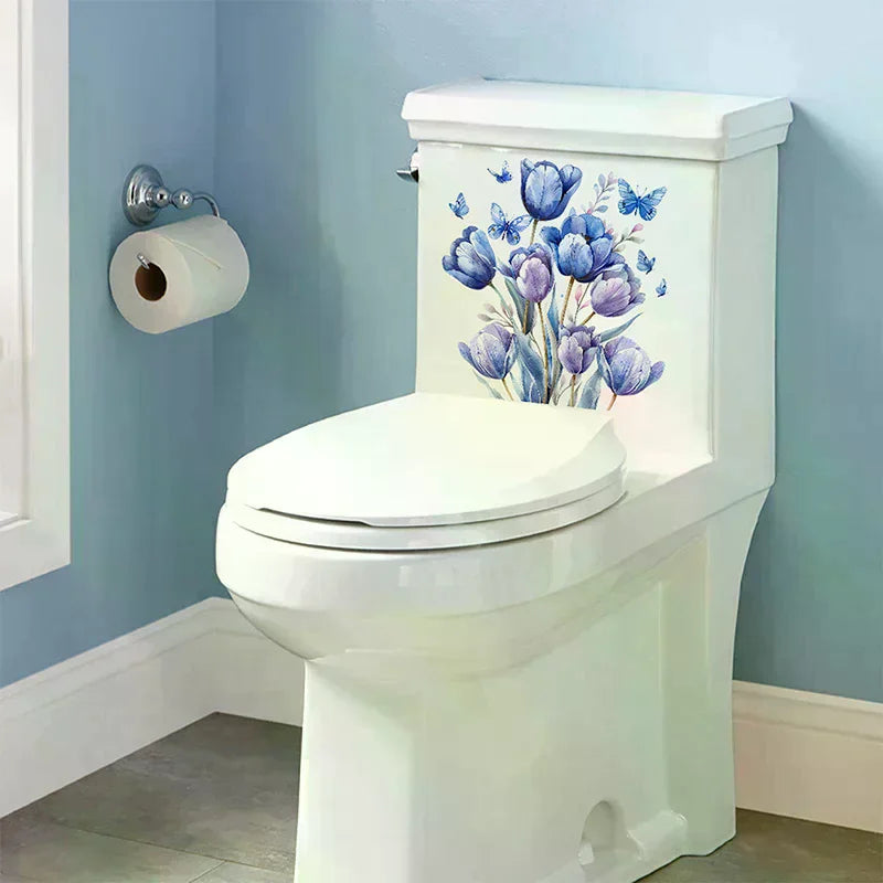 sticker mural fleurs tulipes papillons bleu violet blanc salle bain salon décoration autoadhésif PVC